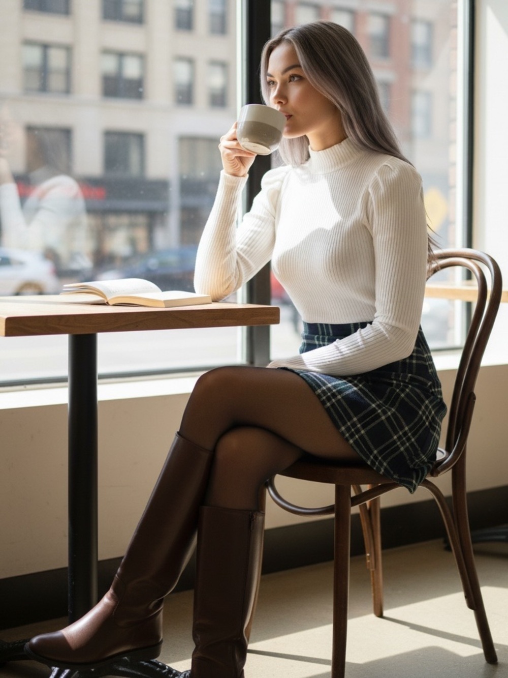iris White Ribbed Puff-Sleeve Mock Neck Long Sleeve Top